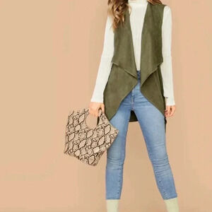 Waterfall collar self Belted asymmetrical hem vest